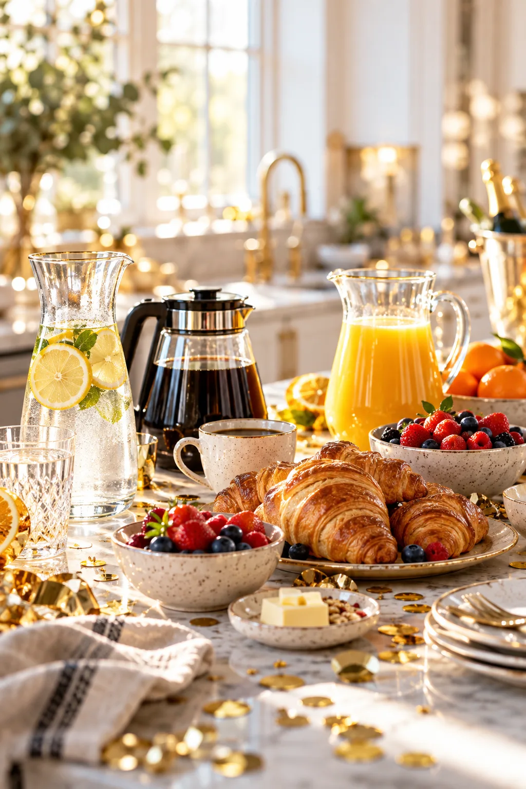 New Year's Eve Party Idea: brunch station with water carafes, coffee, pastries and orange juice
