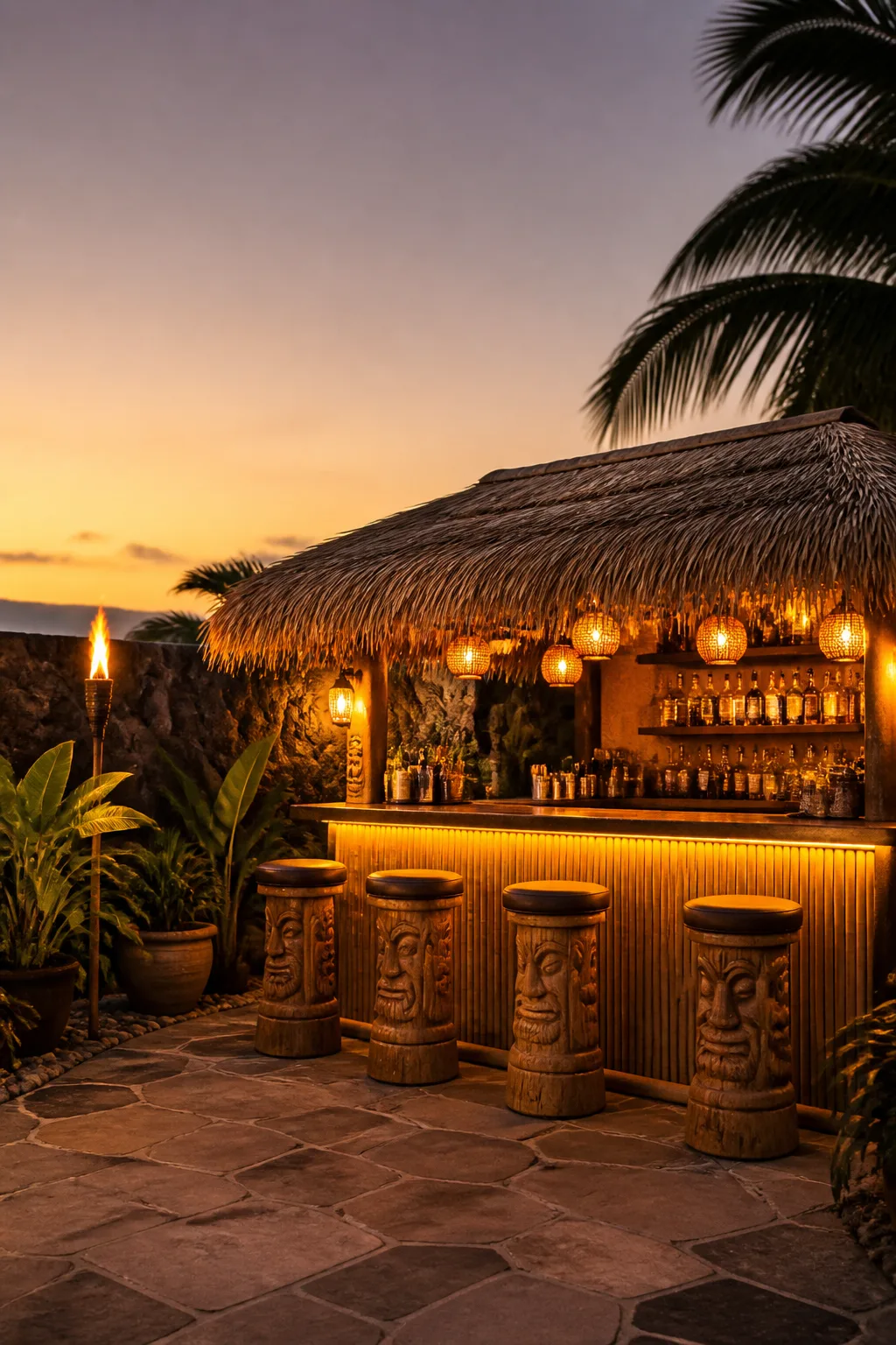 Backyard tiki bar with a thatched roof and bamboo front at dusk