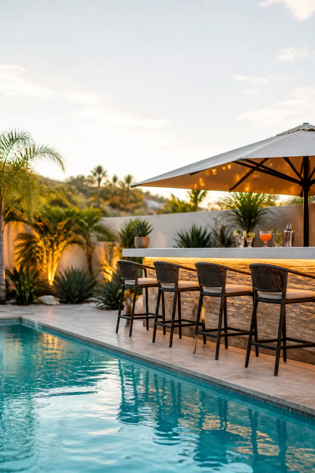 Sleek poolside bar beside a turquoise pool with a shade umbrella