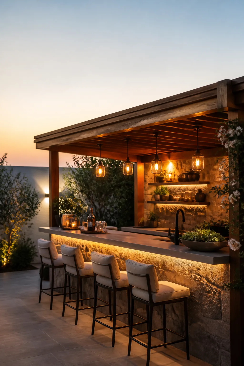 Covered patio bar under a wood-slat roof with pendant lights