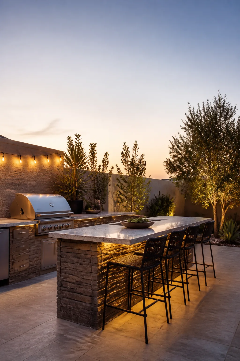 Outdoor kitchen bar island with a stone counter and built-in grill