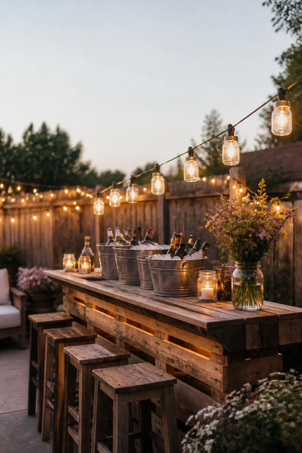 Rustic DIY pallet-wood outdoor bar with mason-jar lights