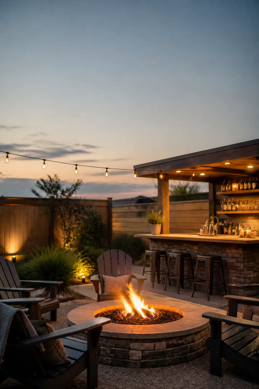 Backyard bar beside a glowing fire pit with Adirondack-style seating