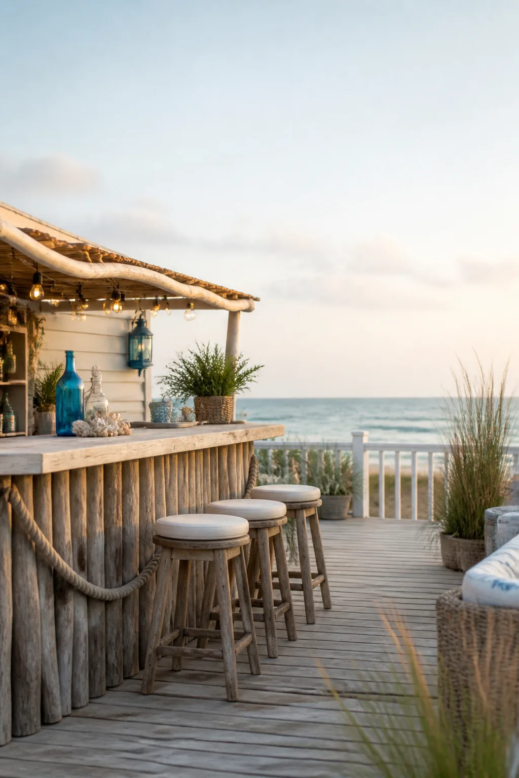 Breezy coastal outdoor bar with driftwood and a white-and-blue palette