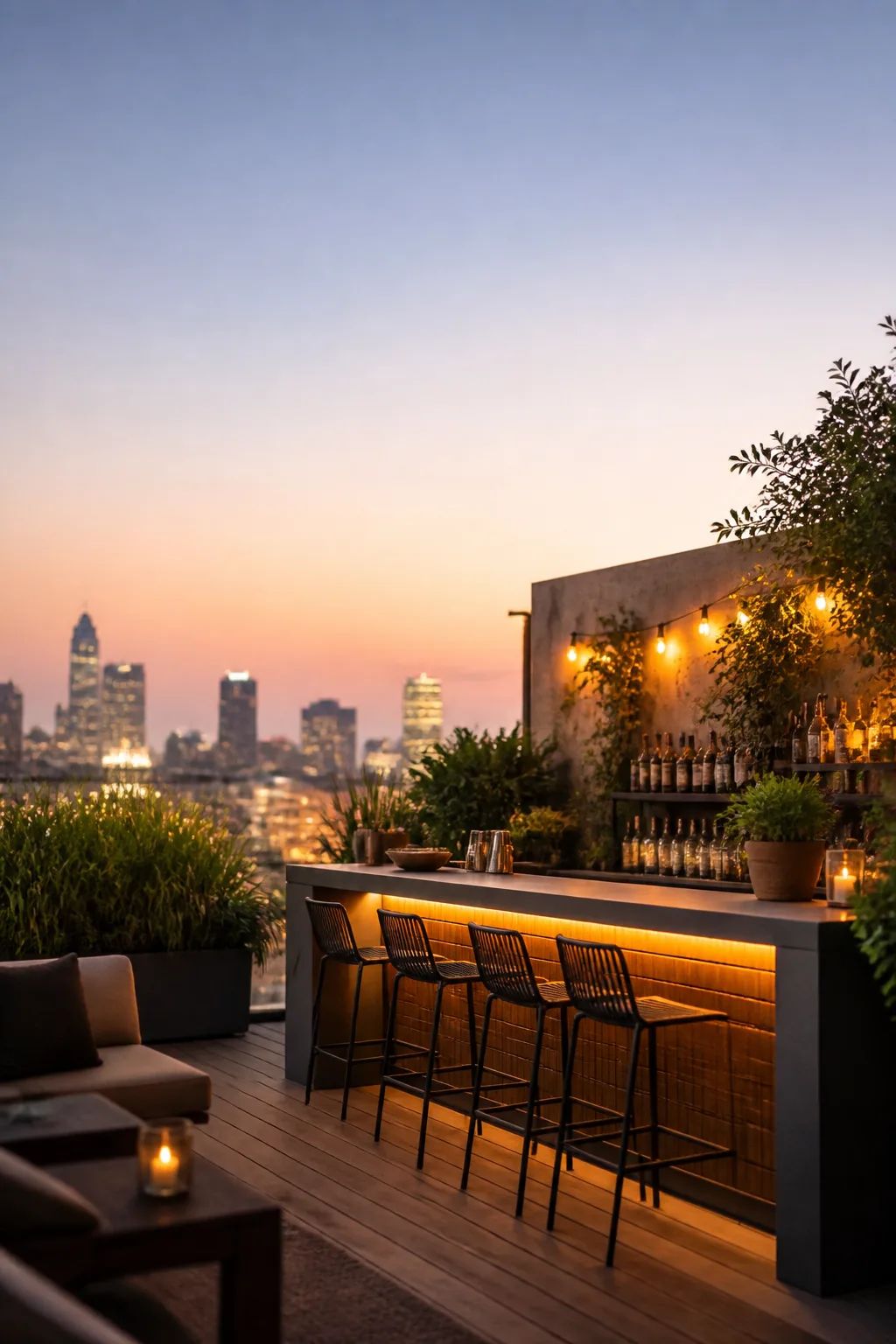 Modern rooftop deck bar with a city skyline behind at twilight