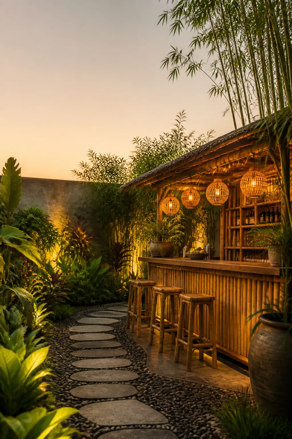 Lush bamboo garden bar surrounded by tropical foliage with lanterns