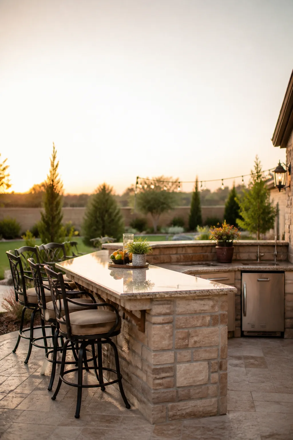 Permanent stone-and-brick built-in outdoor bar with a granite top