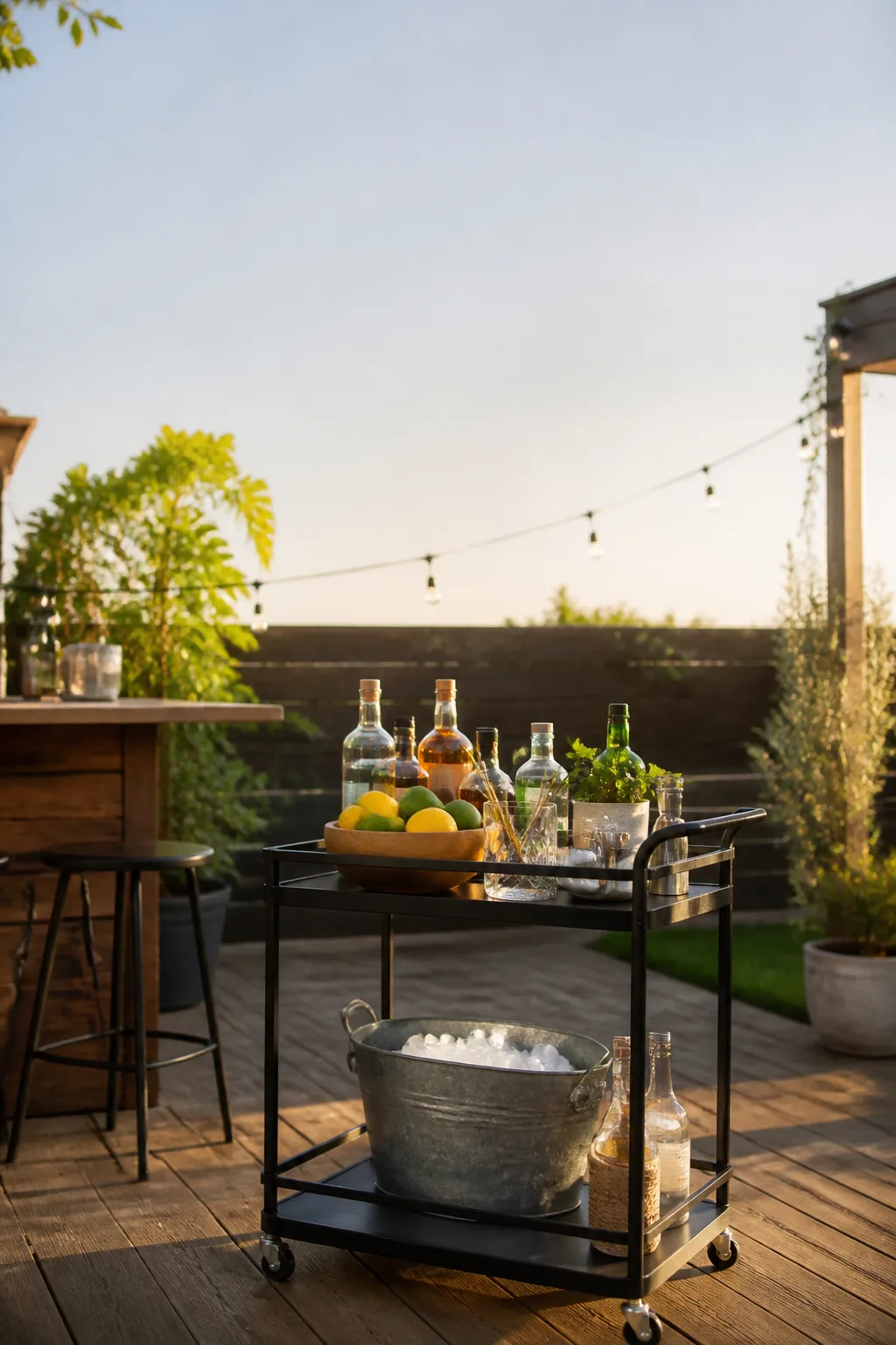 Rolling outdoor bar cart on a wooden deck with a galvanized ice tub