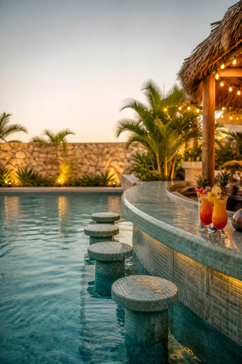 Swim-up pool bar with underwater stools and a tiled counter