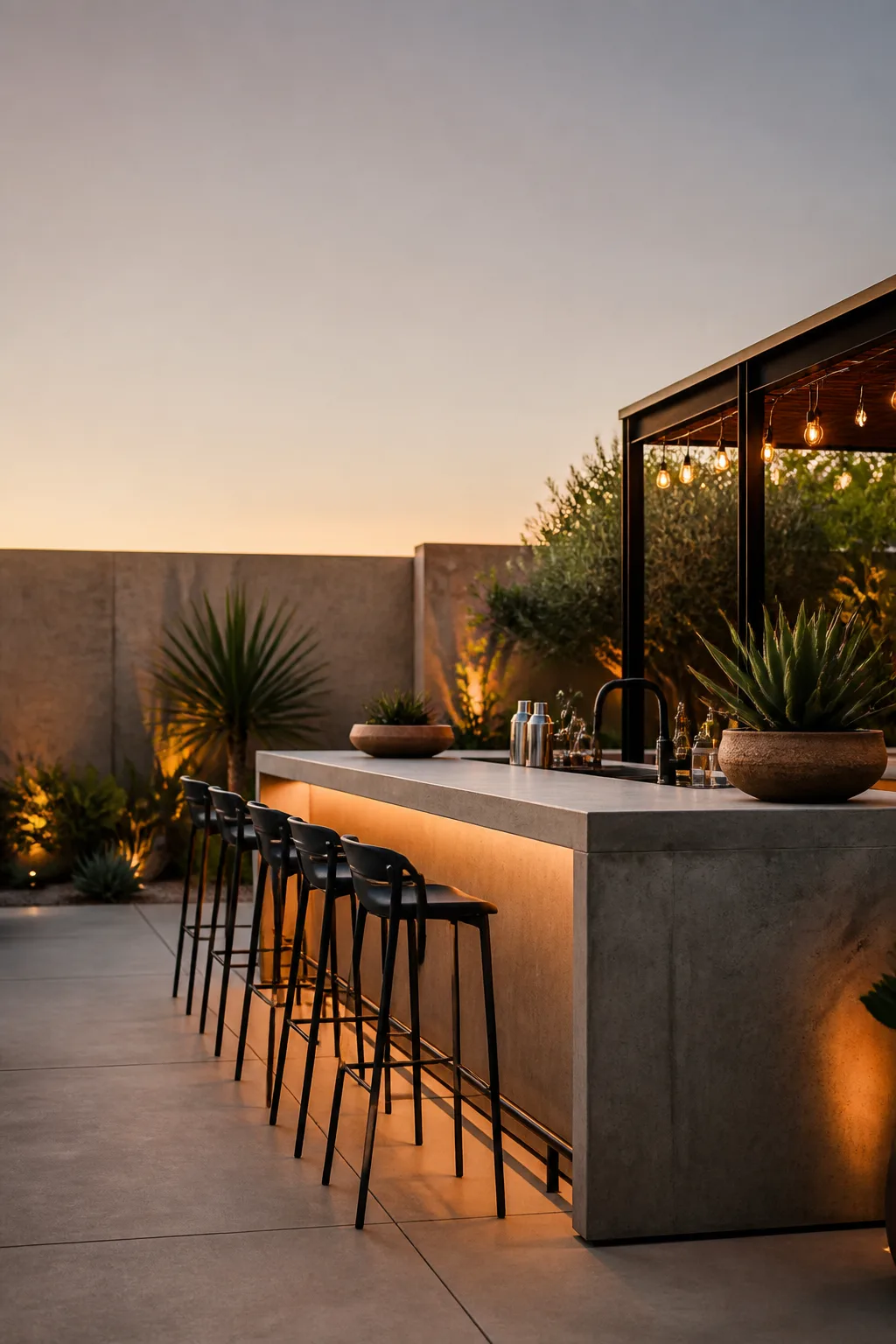 Minimalist modern outdoor bar with a poured-concrete counter and black steel