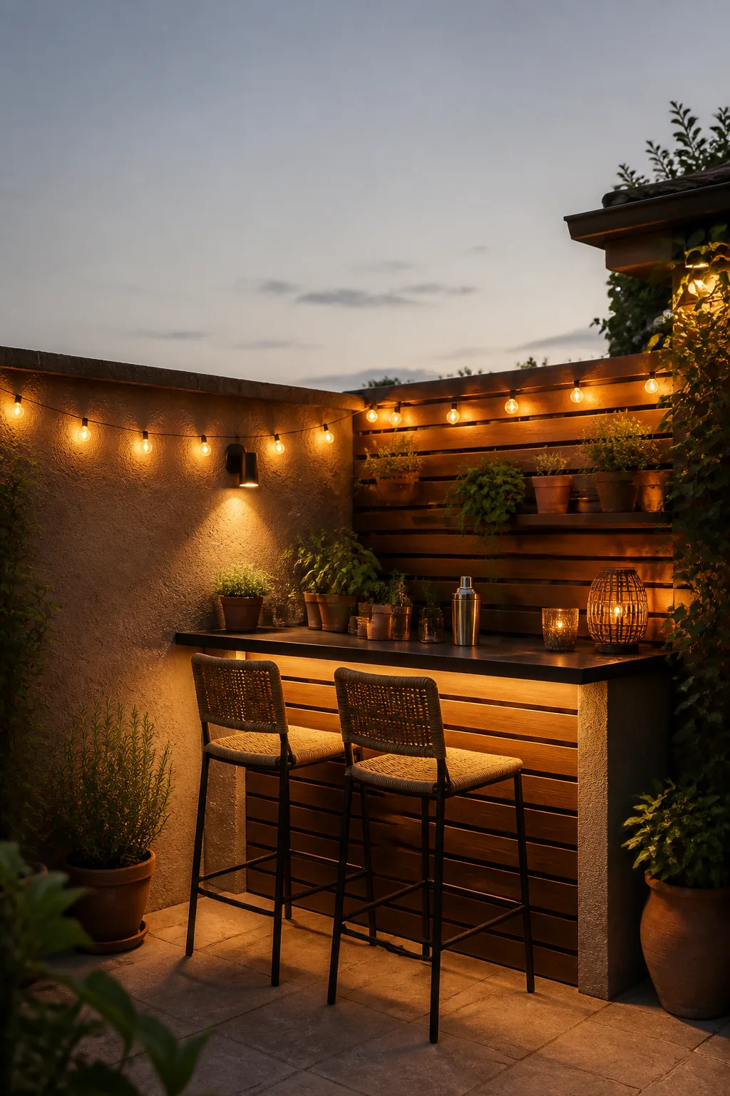 Cozy small-patio corner bar with a compact counter under fairy lights