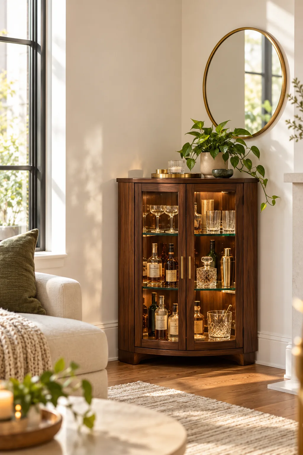 Small corner bar cabinet with glass doors, bottles and a gold mirror above