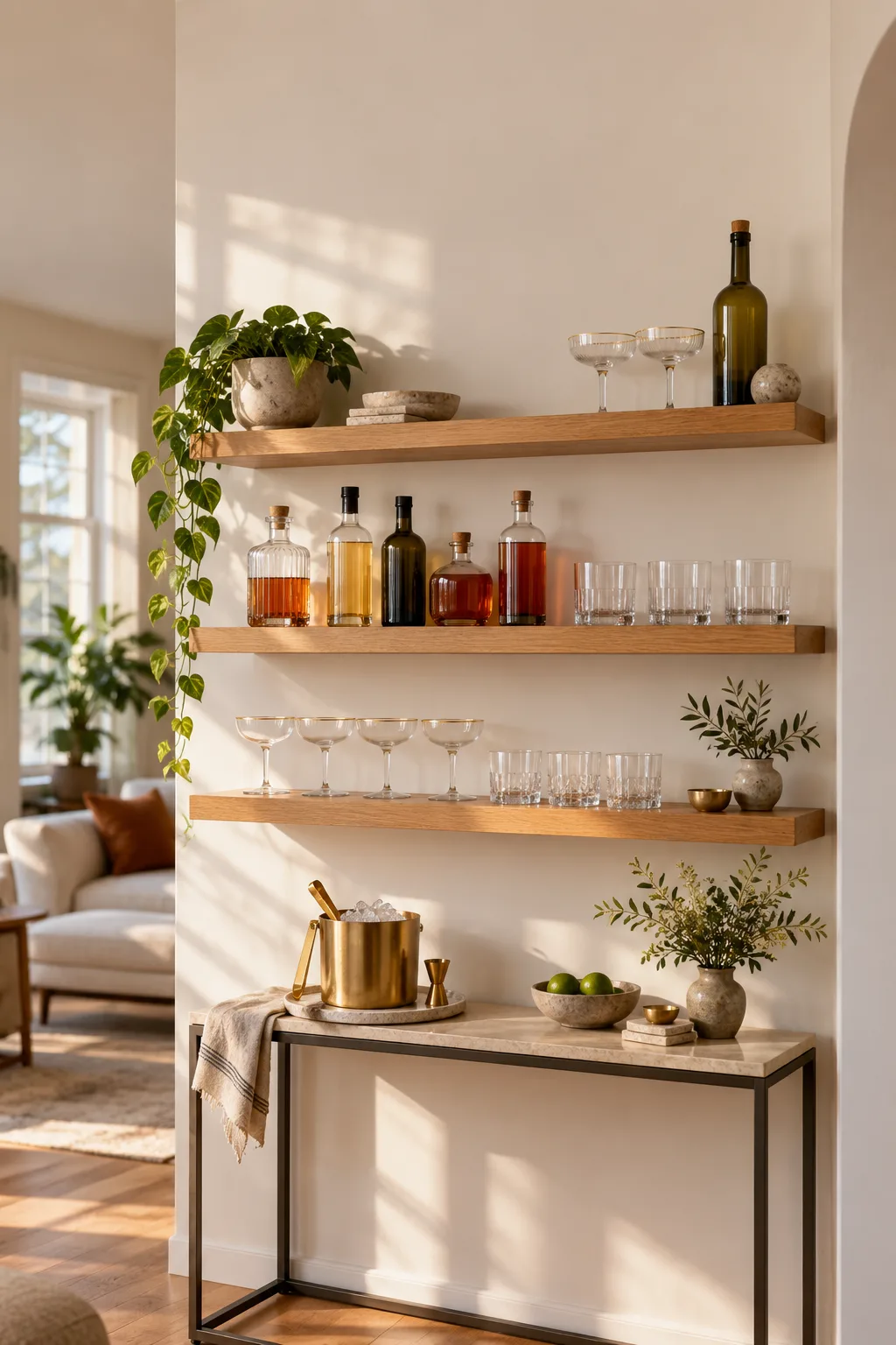 Floating wood shelves holding bottles and glasses above a small counter