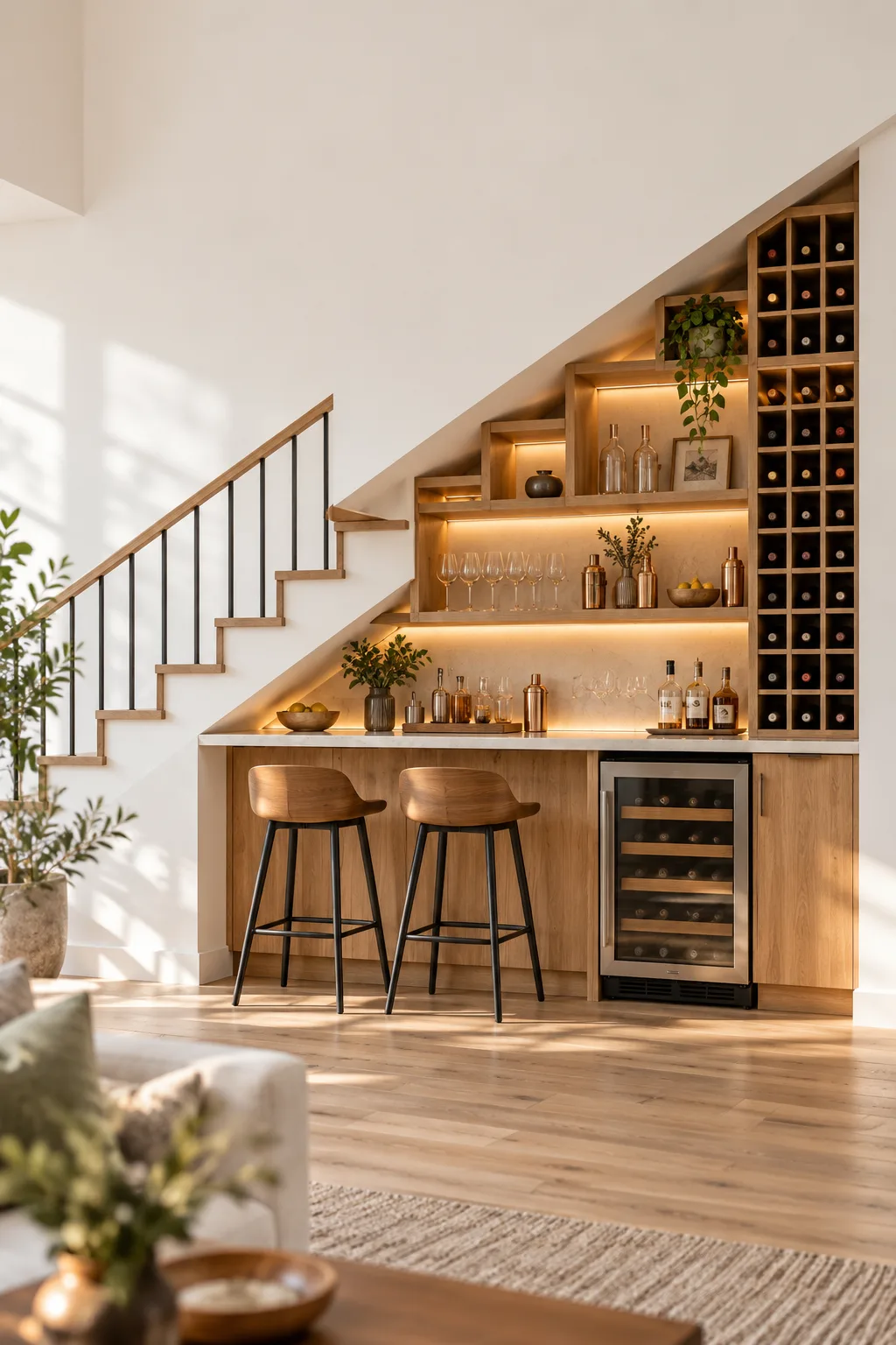 Built-in bar under a staircase with wine racks and shelves