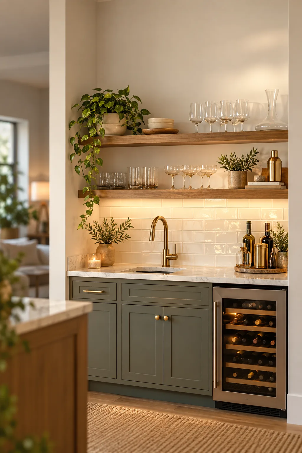 Small kitchen bar nook with a bar sink, open shelves and a wine fridge