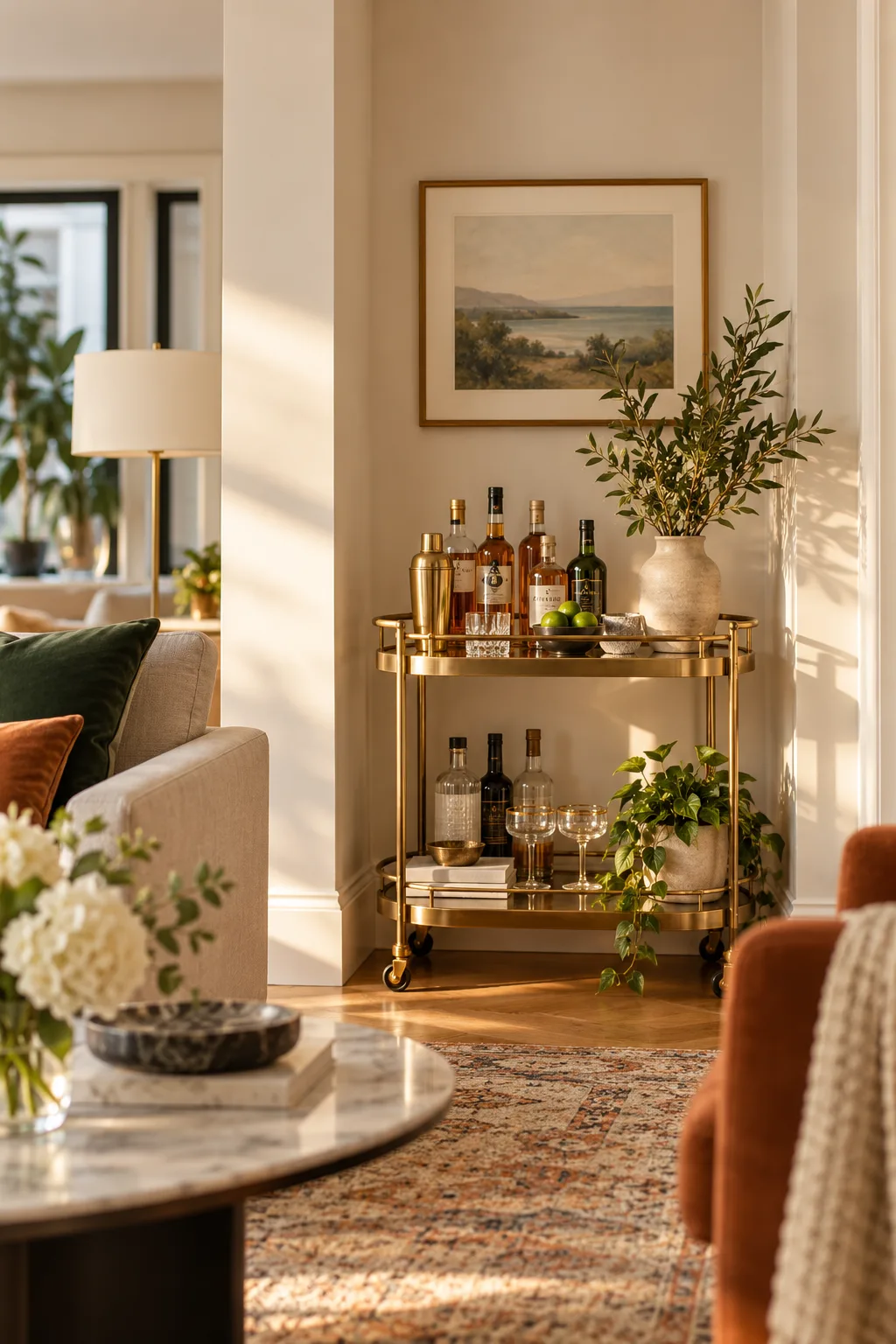 Brass bar cart tucked into a wall niche with art above