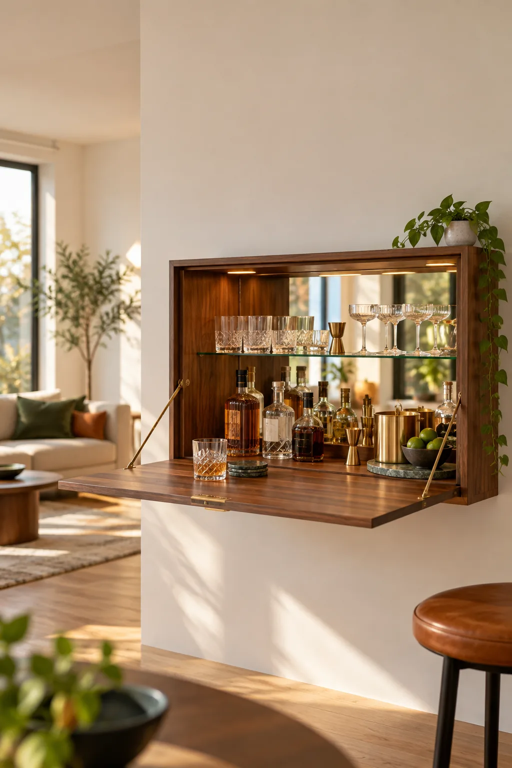 Wall-mounted fold-down bar cabinet open with bottles and a drop-down counter