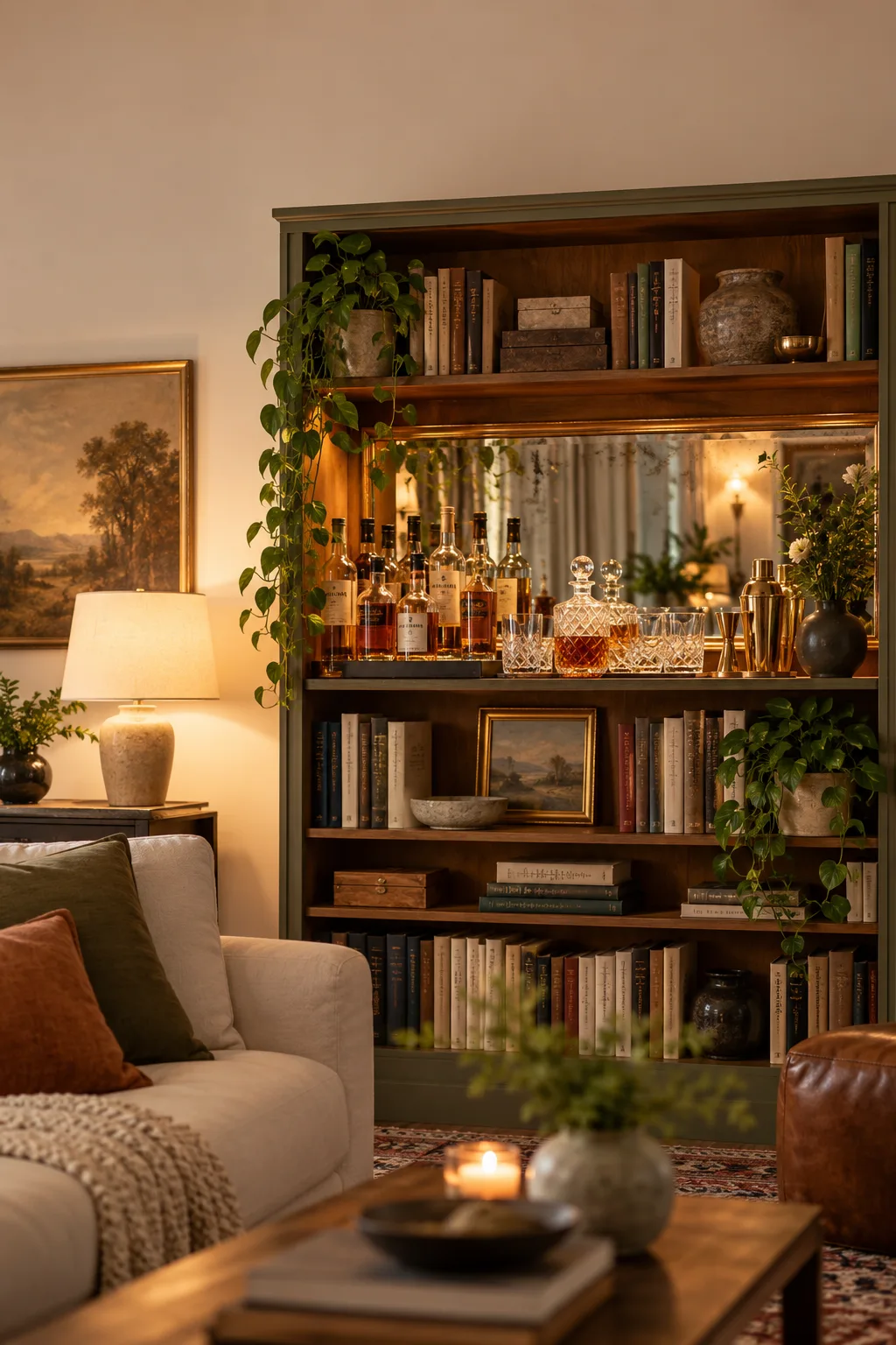 Bookshelf with one section converted into a bar with bottles and a decanter