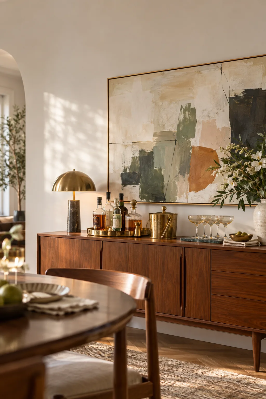 Dining room sideboard styled as a bar with a tray of bottles and glasses