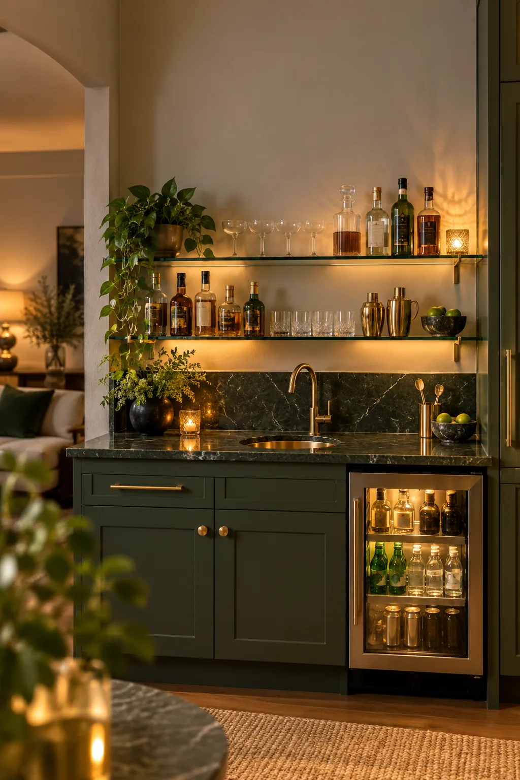 Compact wet bar with a small sink, mini fridge and glass shelves