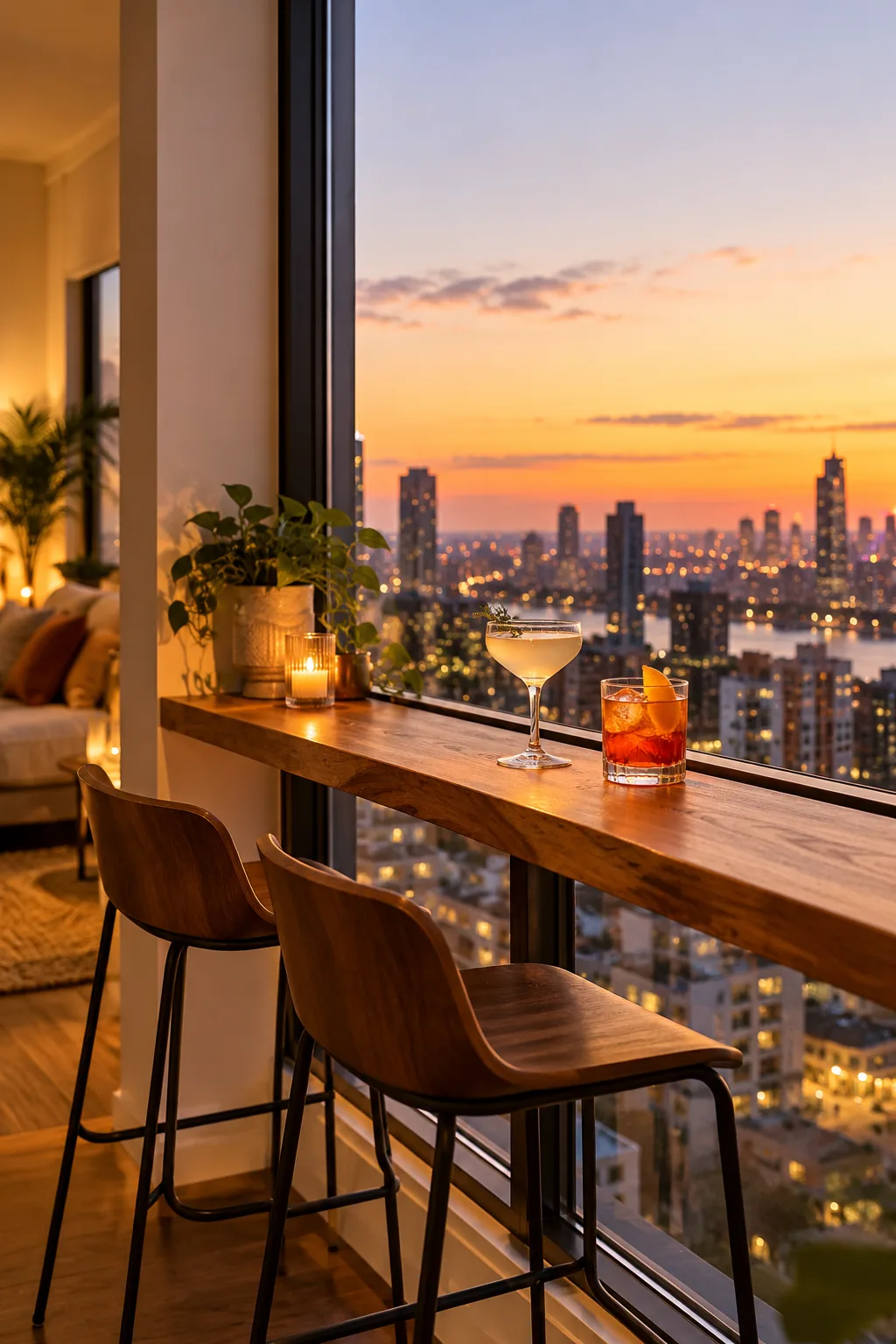 Narrow bar counter along a window with two stools and city view