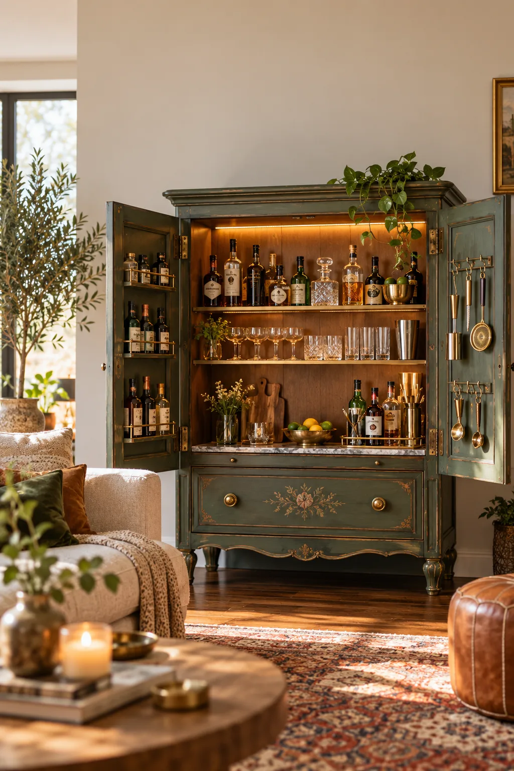 Vintage armoire opened to show a home bar with bottles, glasses and lights