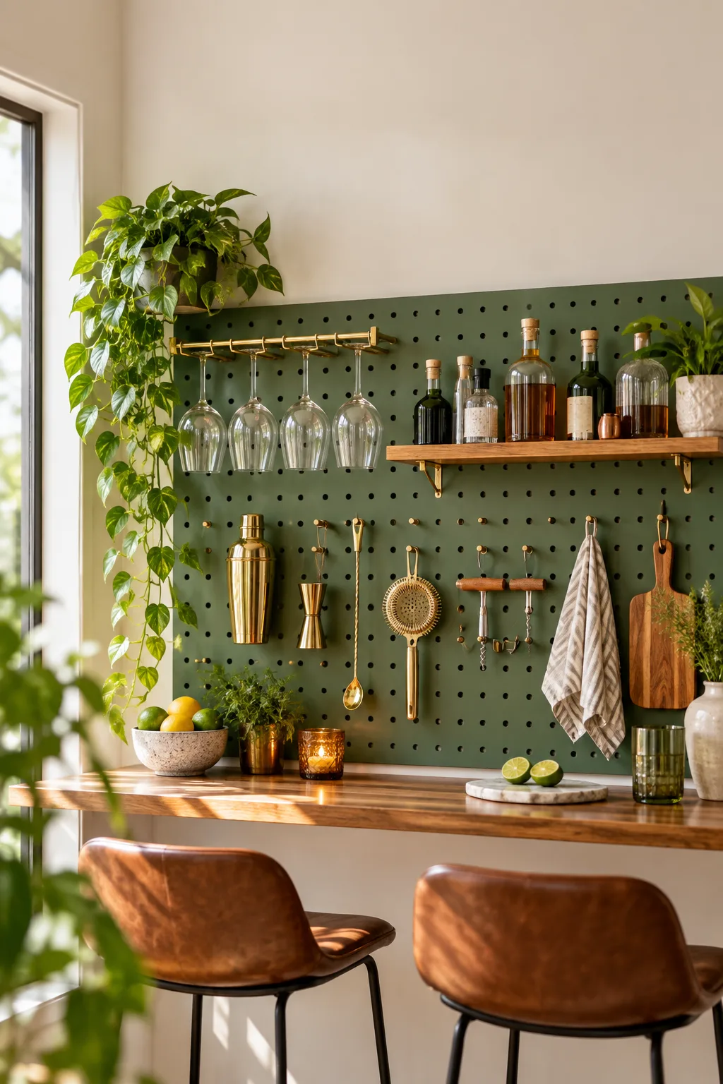 Painted pegboard wall with hanging glasses, bar tools and a small shelf of bottles