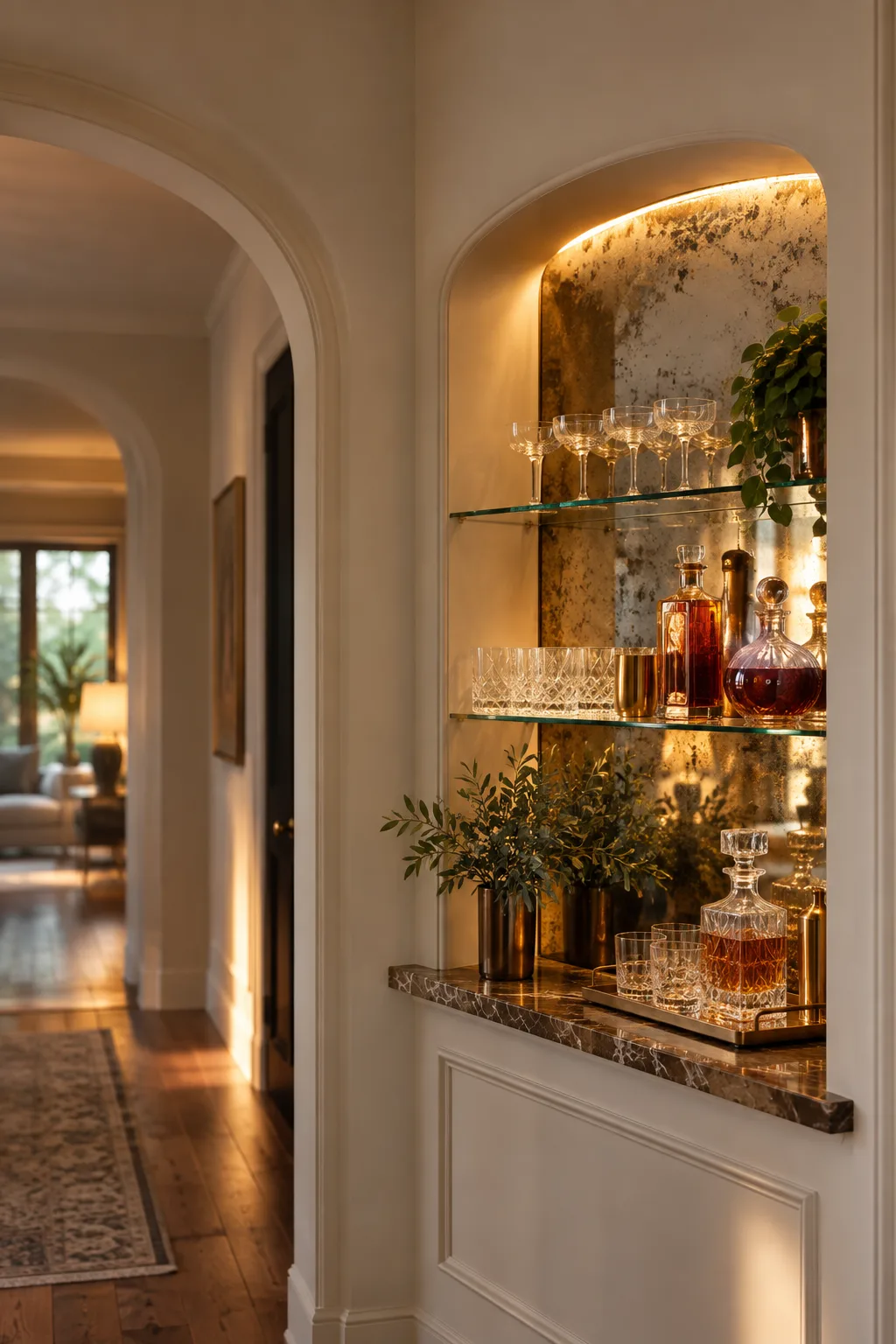 Recessed wall niche with an antique mirror back, glass shelves and bottles