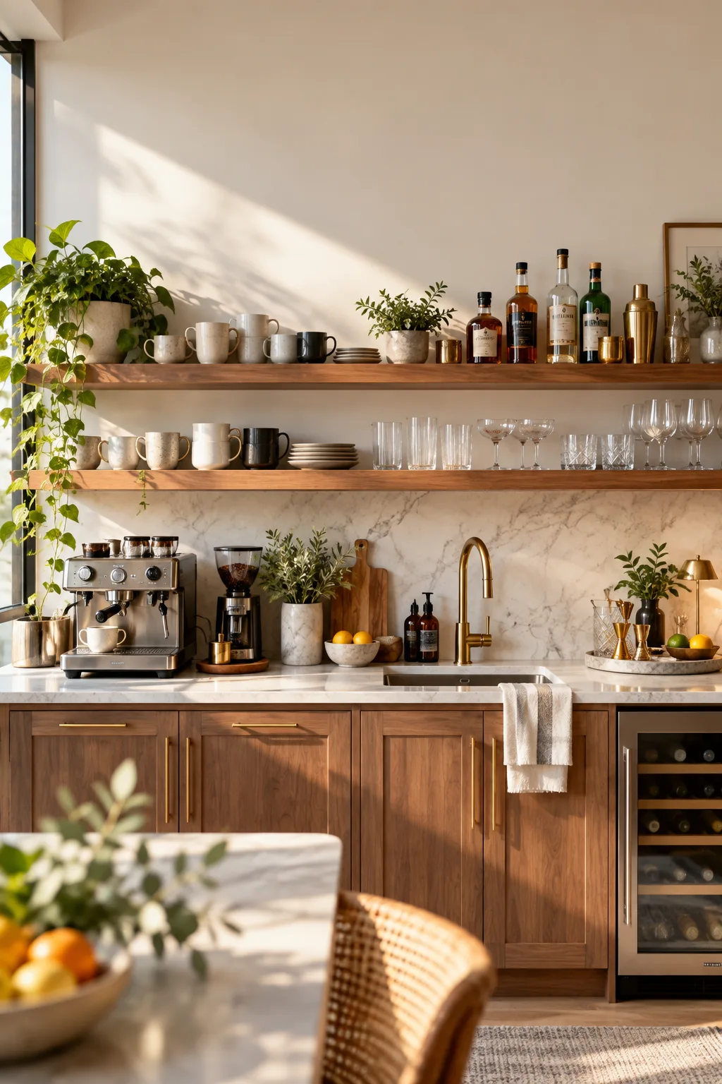 Combined coffee and cocktail station with an espresso machine and bar shelf