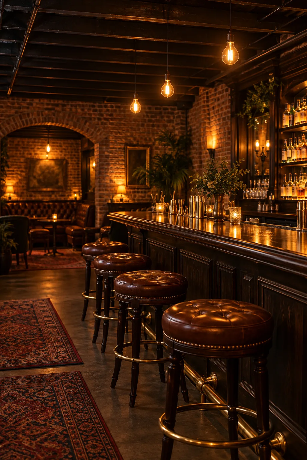 Speakeasy Bar Idea: basement speakeasy bar with exposed brick, leather stools and Edison bulbs