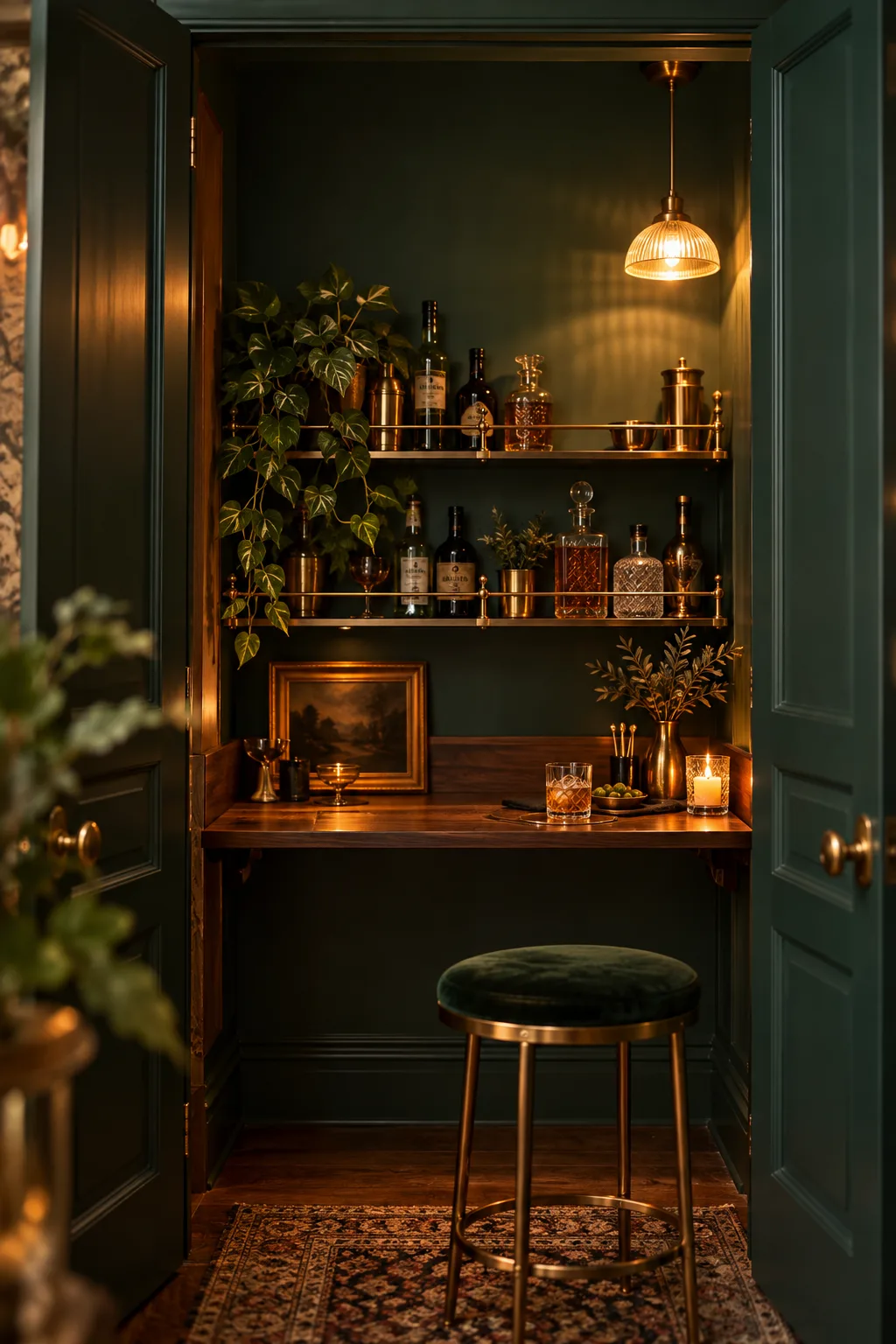 Speakeasy Bar Idea: small closet converted into a speakeasy bar with dark green walls and brass shelves
