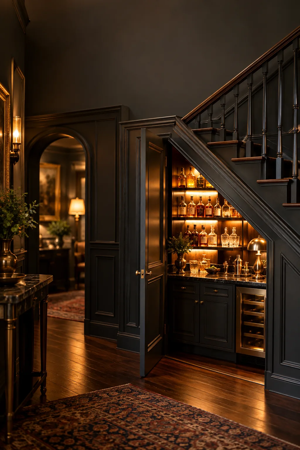 Speakeasy Bar Idea: hidden bar built into the space under a staircase with a secret panel door