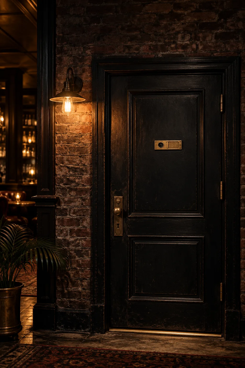 Speakeasy Bar Idea: dark speakeasy door with a sliding brass peephole and a single lamp