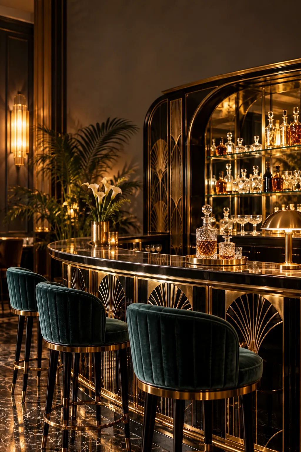 Speakeasy Bar Idea: art deco home bar with black lacquer, gold geometric details and a mirrored back