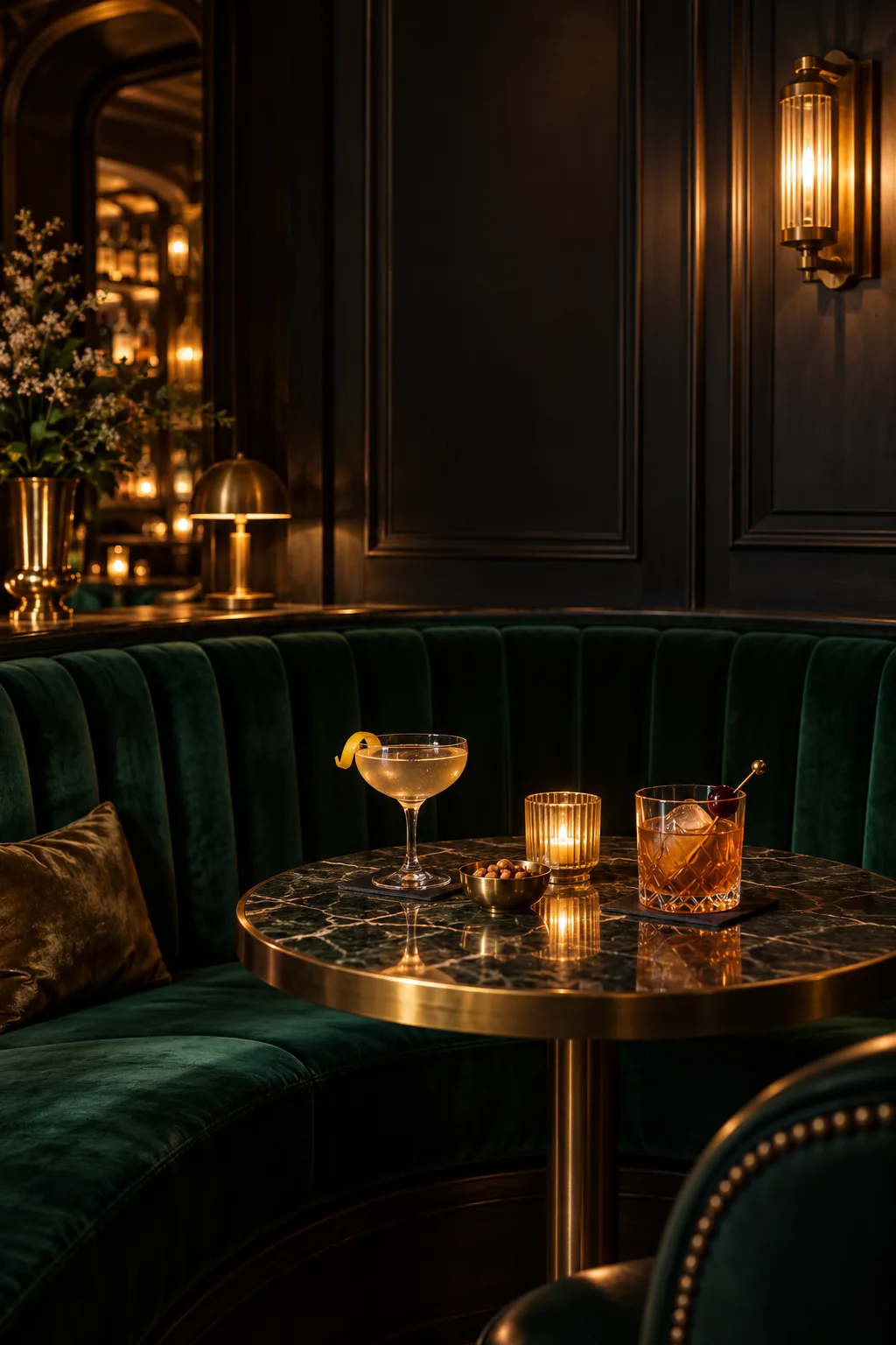 Speakeasy Bar Idea: speakeasy lounge with an emerald velvet booth, small round table and candles