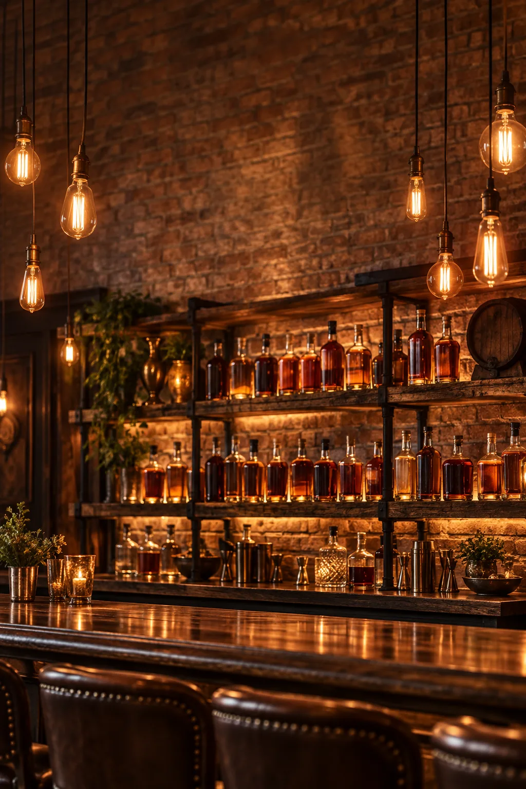 Speakeasy Bar Idea: back bar with open shelves of whiskey bottles lit by hanging Edison bulbs