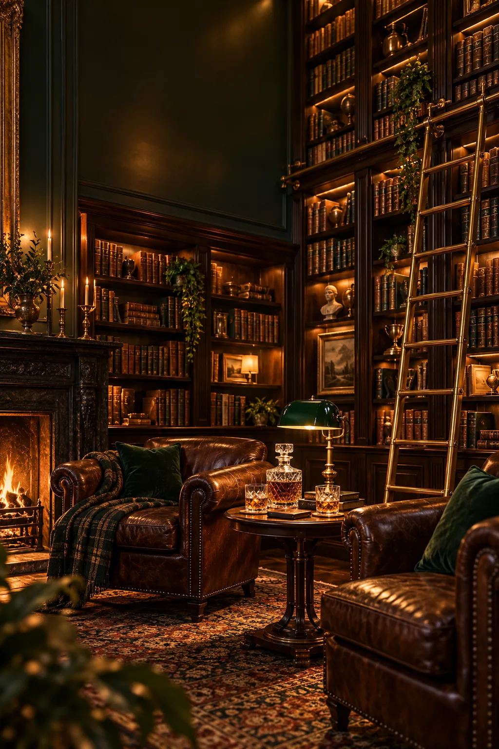 Speakeasy Bar Idea: home library bar with leather armchairs, a rolling ladder and a whiskey decanter