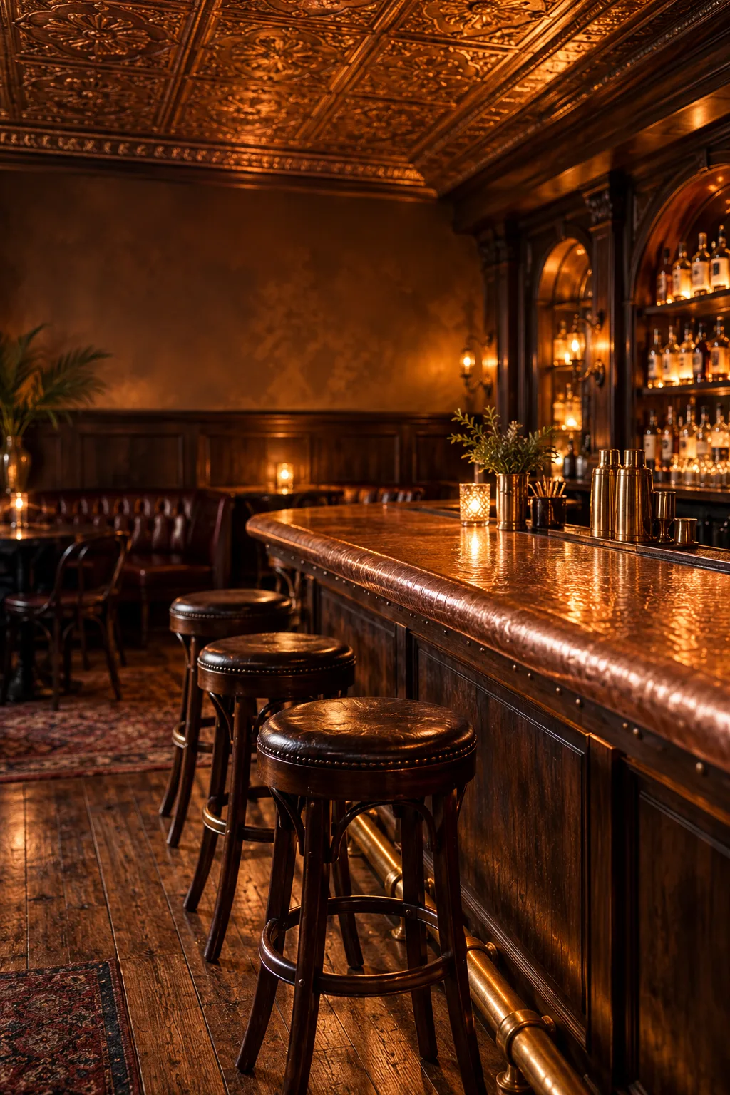 Speakeasy Bar Idea: home bar with a pressed tin ceiling, copper bar top and vintage stools
