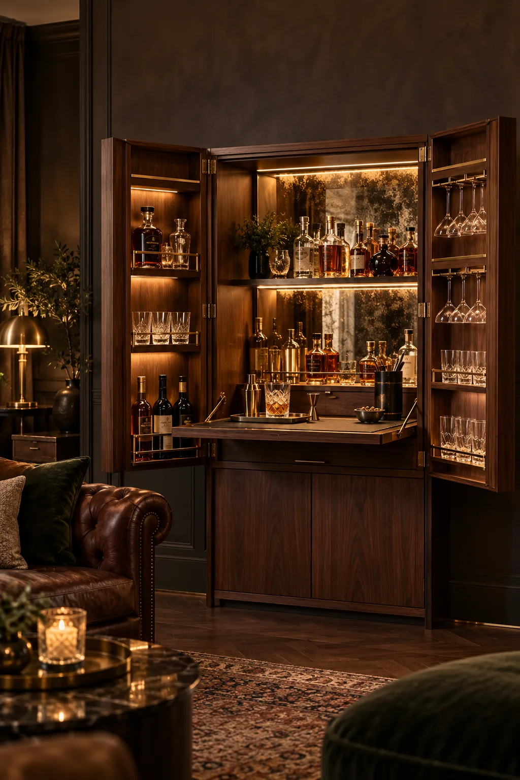 Speakeasy Bar Idea: wall cabinet that folds open into a full bar with bottles and a counter