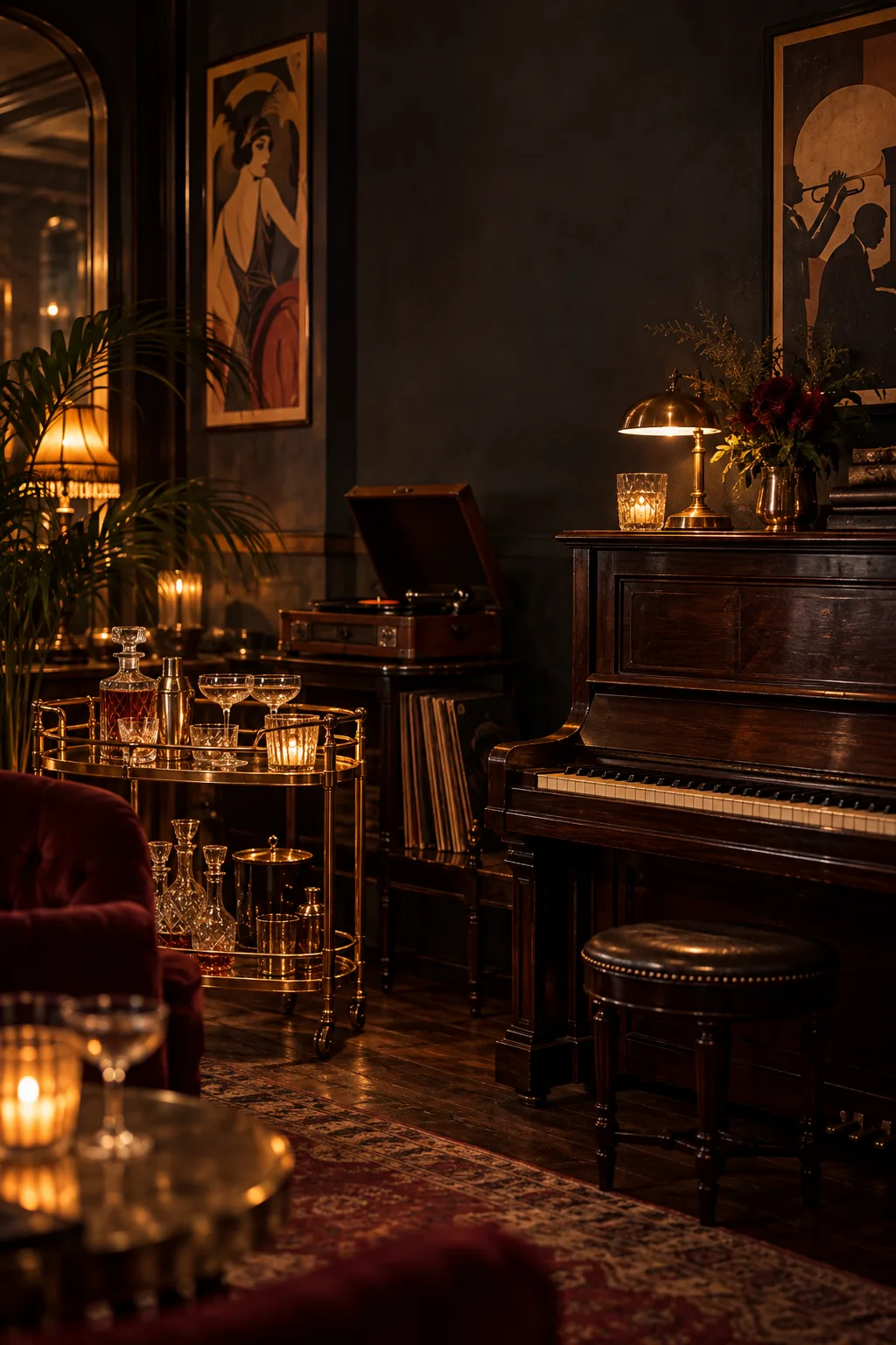 Speakeasy Bar Idea: speakeasy corner with an upright piano, a small bar cart and a record player