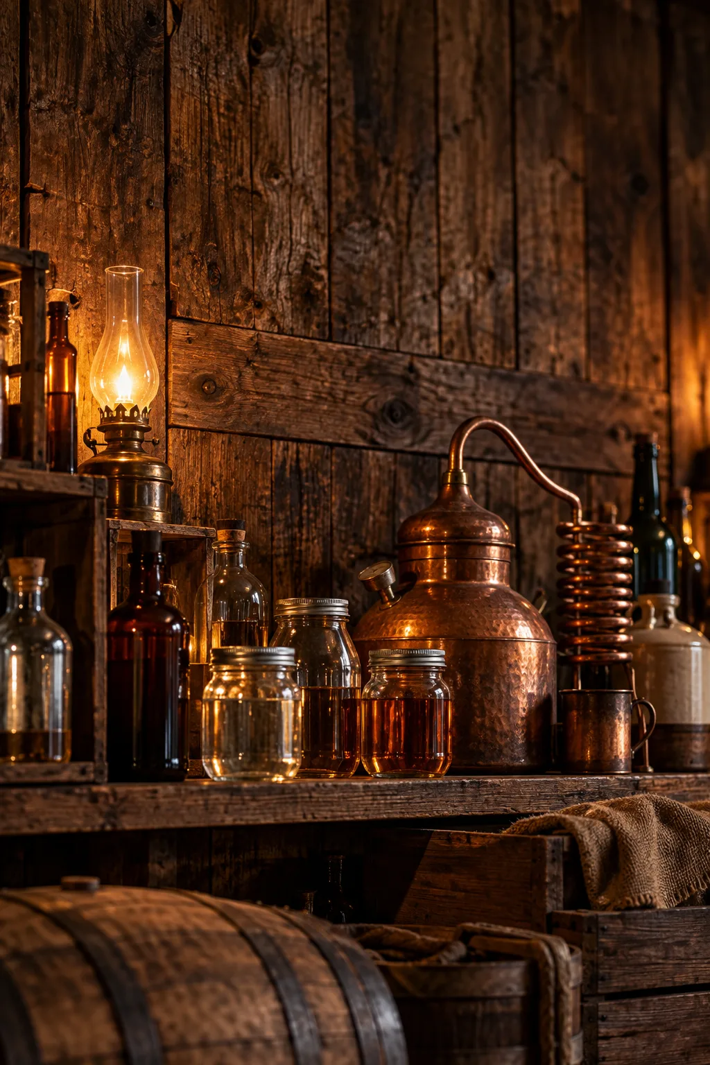 Speakeasy Bar Idea: rustic shelf of mason jars, copper still decor and old bottles in a speakeasy