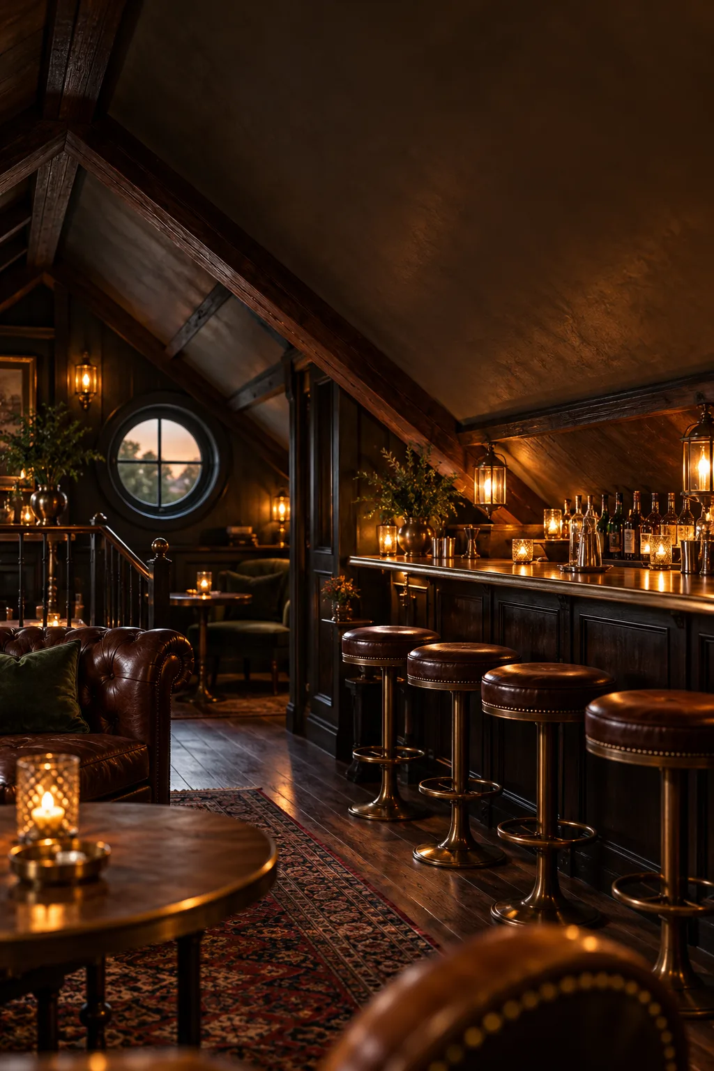 Speakeasy Bar Idea: attic speakeasy bar under sloped ceilings with wood beams and lanterns