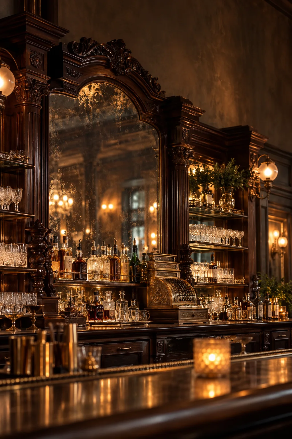 Speakeasy Bar Idea: ornate antique mirror back bar with carved wood columns and crystal glassware