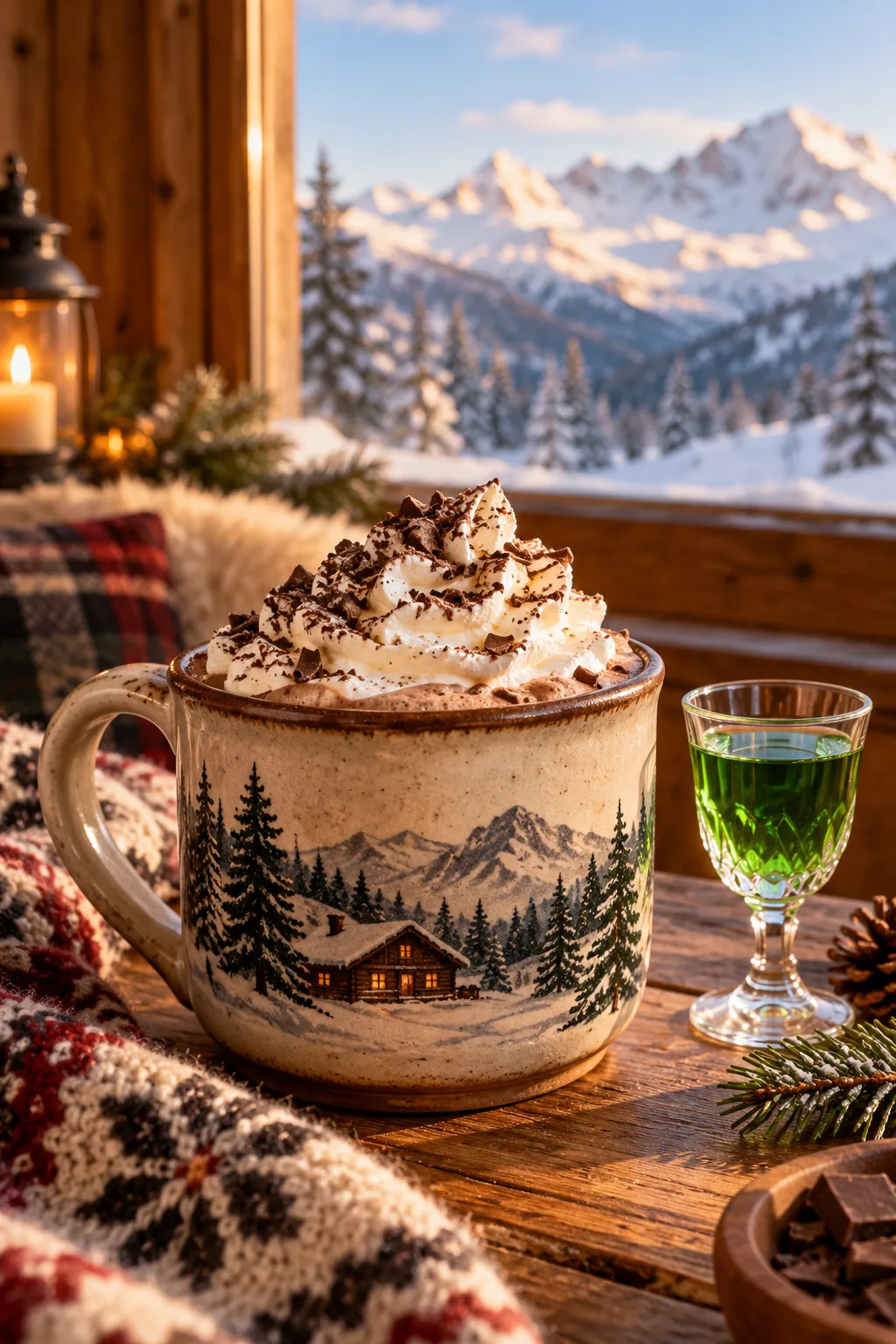 Spiked Hot Cocoa Idea: hot chocolate in a ski-lodge mug with whipped cream and a small glass of green liqueur