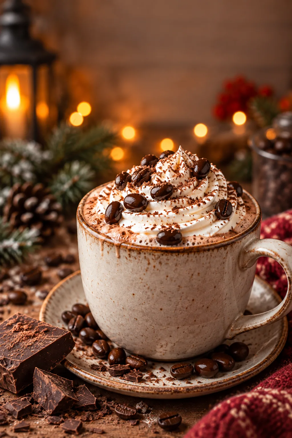 Spiked Hot Cocoa Idea: mocha hot cocoa with whipped cream and coffee beans on a saucer
