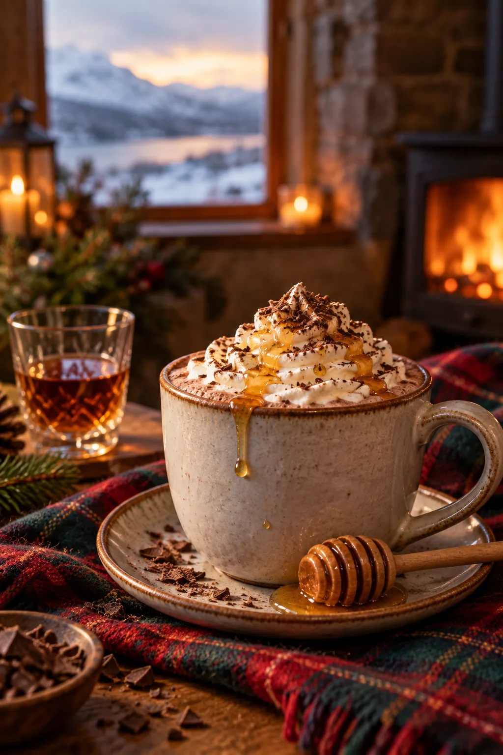 Spiked Hot Cocoa Idea: hot cocoa with a honey drizzle and a honey dipper on a tartan cloth