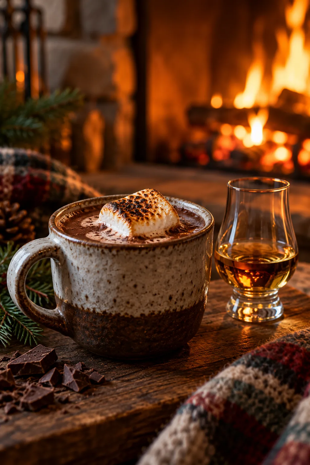 Spiked Hot Cocoa Idea: dark hot chocolate with a toasted marshmallow beside a fire