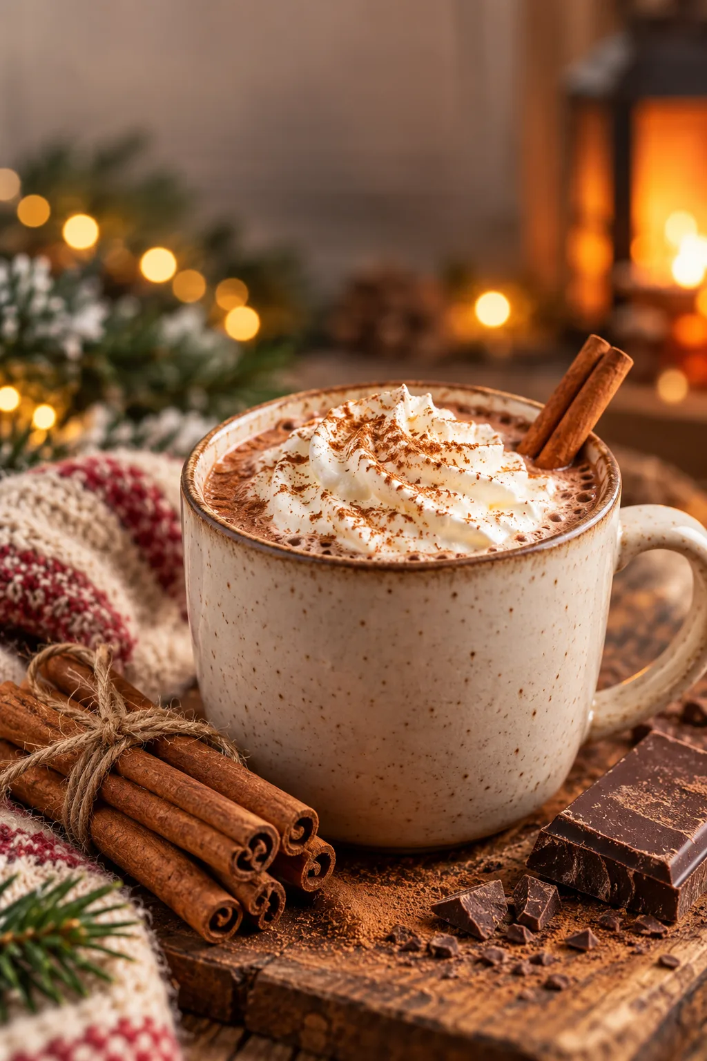 Spiked Hot Cocoa Idea: hot cocoa with cinnamon sticks and a dusting of cinnamon on whipped cream