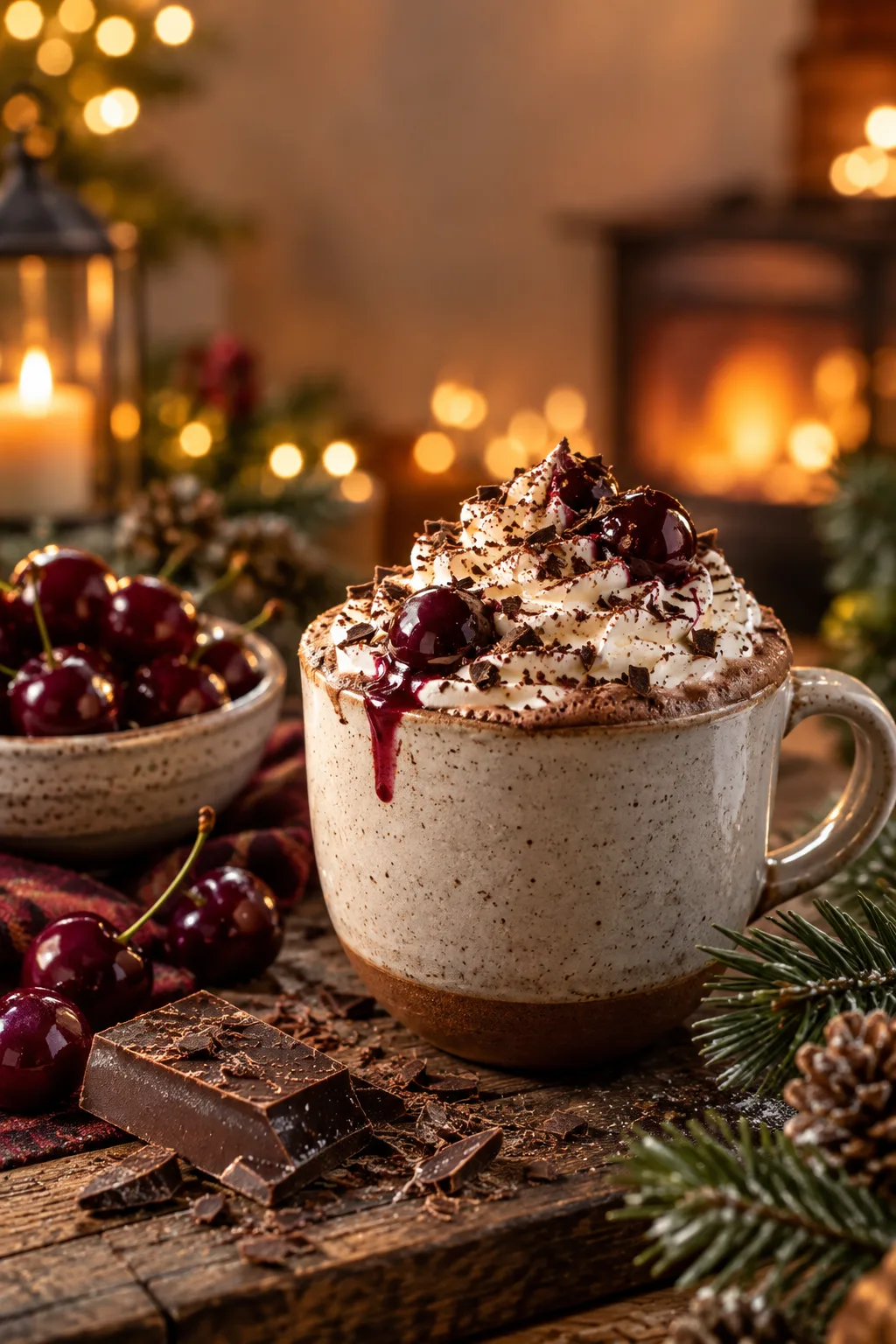 Spiked Hot Cocoa Idea: hot chocolate topped with whipped cream, cherries and chocolate shavings