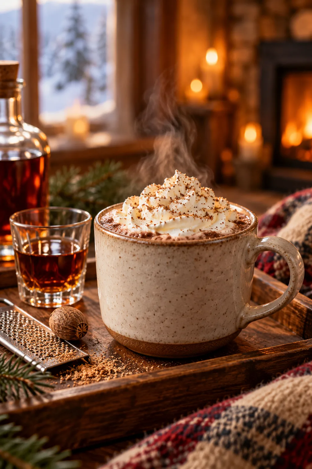 Spiked Hot Cocoa Idea: hot cocoa with grated nutmeg and a small glass of dark rum on a wooden tray